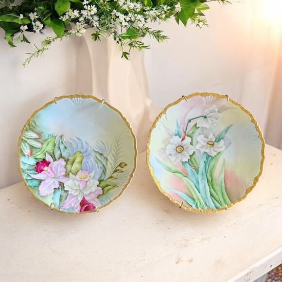 Set of 6 Hand Painted Limoges Plates-J.P.L. France-Artist Signed-Floral Cabinet - Picture 3 of 6